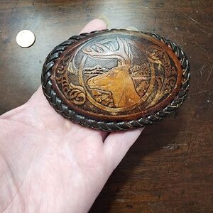 Vintage Hand Tooled Leather Deer Belt Buckle